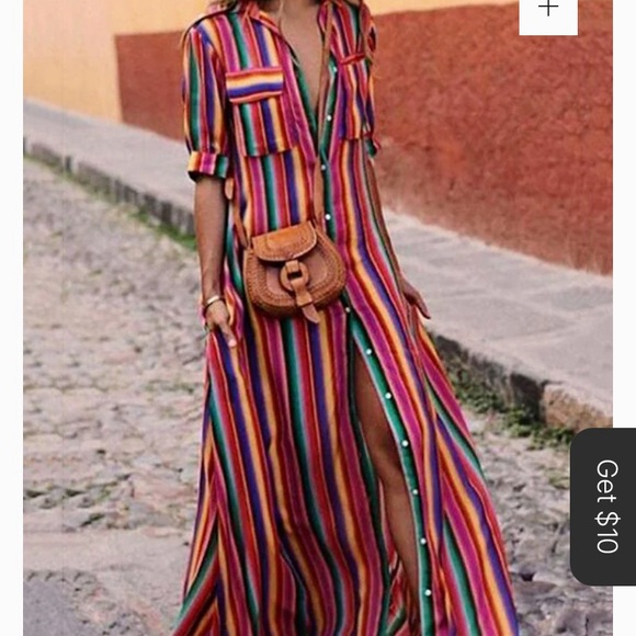 Colorful Striped Button-Up Shirt Dress w/ pockets tunic - Picture 5 of 7